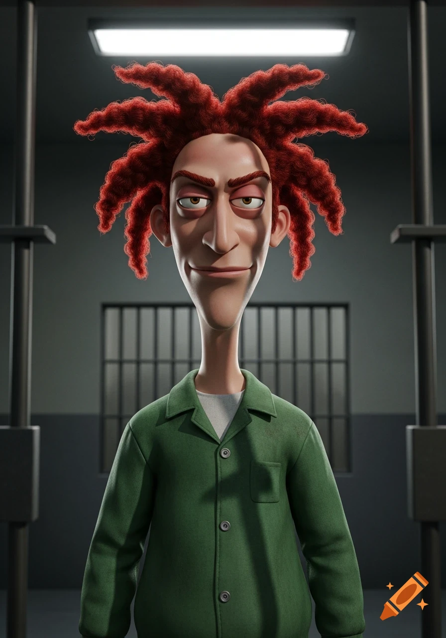 A 3D animated depiction of Sideshow Bob with long red spiky hair and a green shirt, smirking in a prison cell.