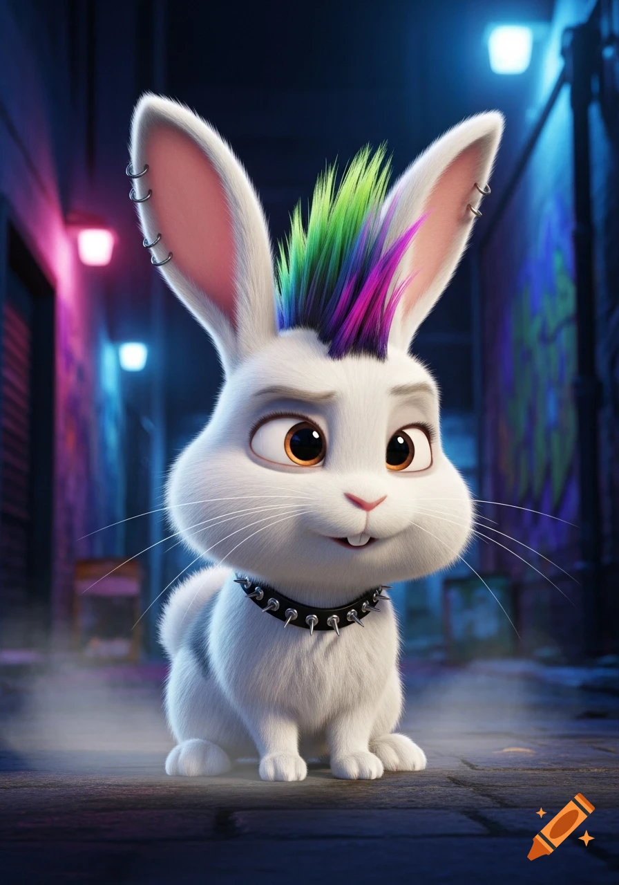 White cartoon rabbit with a colorful punk mohawk, ear piercings, and a spiked collar, sitting in a neon-lit alley.
