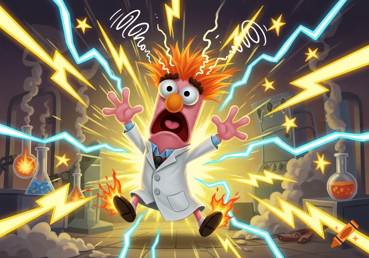 The Muppet character Beaker is cartoonishly electrocuted in a science lab, surrounded by bright lightning bolts.
