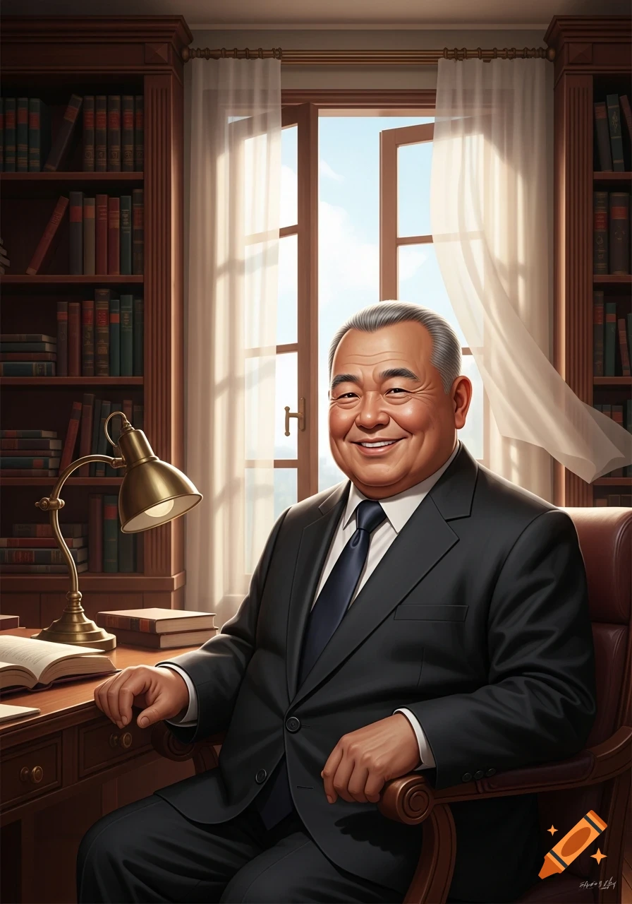 A smiling East Asian man in a dark suit sits at a wooden desk with books in a study, sunlight streaming through a window.