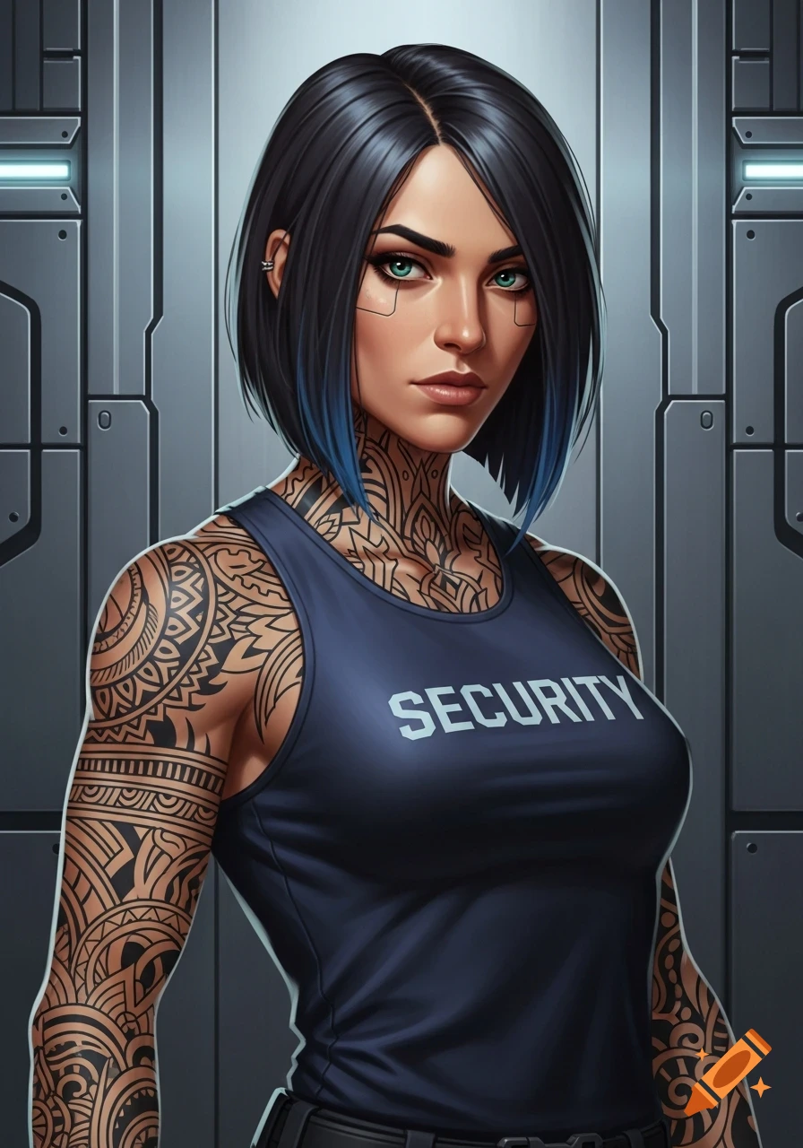 Digital art portrait of a serious, tattooed female security officer with short black hair, blue highlights, and facial tech.