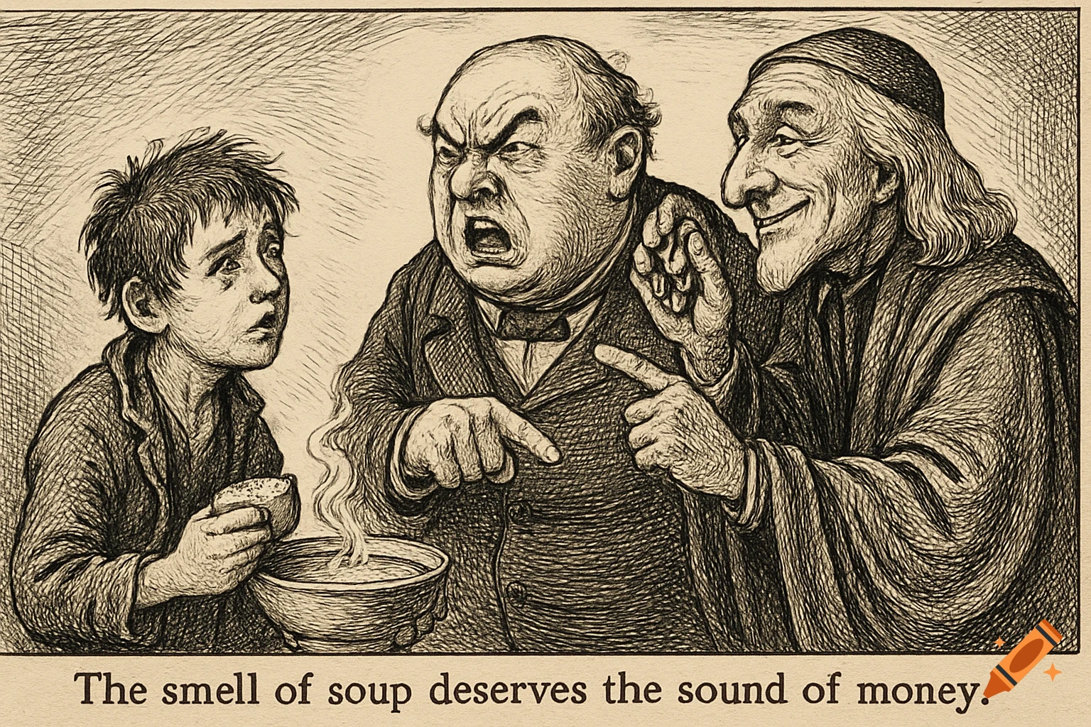 A 19th-century style political cartoon in black ink. A young boy holds bread over a steaming soup, confronted by an angry man, while an old man smiles, holding coins. Text reads: 'The smell of soup deserves the sound of money.'