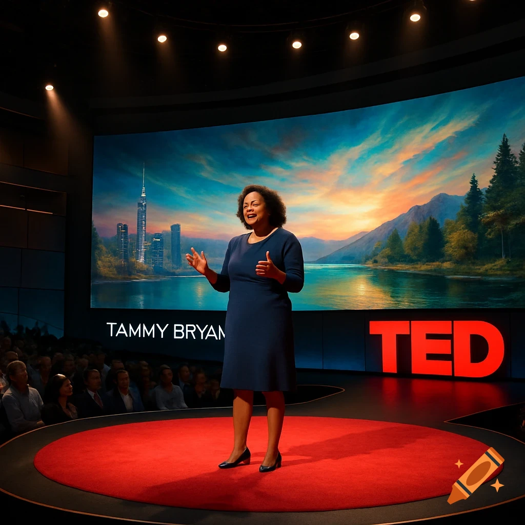 A woman speaks on a circular stage, backed by a large screen showing a city and mountains over a lake.
