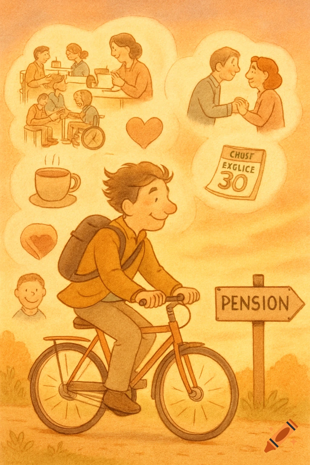 A warm, hand-drawn illustration of a man happily cycling past a 'PENSION' sign, with thought bubbles of past work and future retirement.