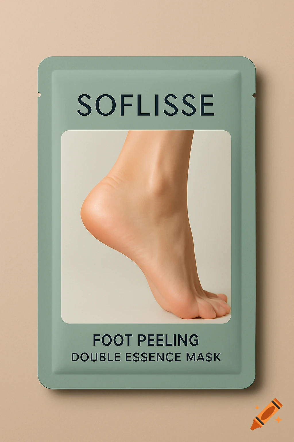 A mint green package for 'SOFLISSE FOOT PEELING DOUBLE ESSENCE MASK' features a photorealistic image of a bare foot.
