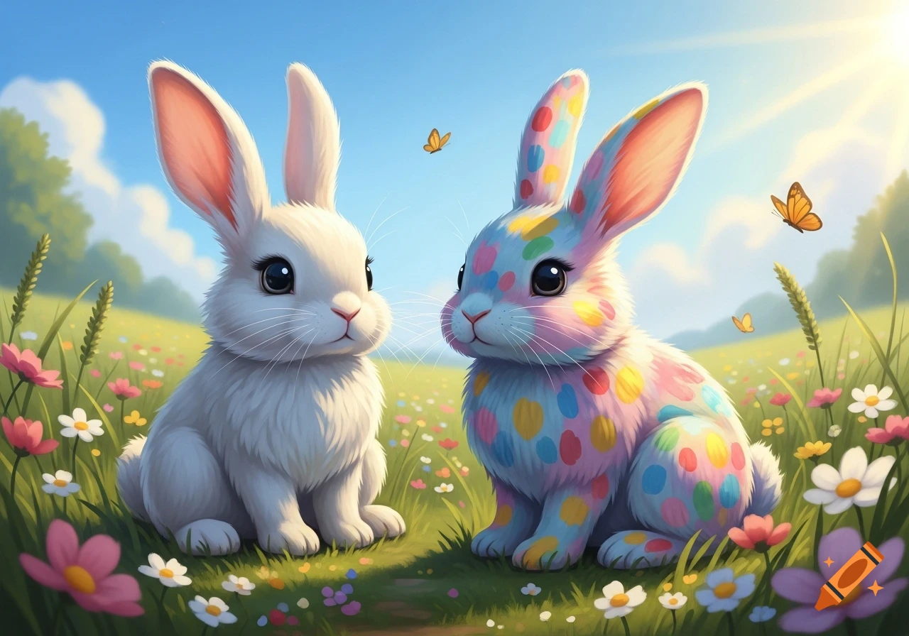 Two cute bunnies, one white and one colorful, sit in a flower-filled meadow under a sunny blue sky, illustration.