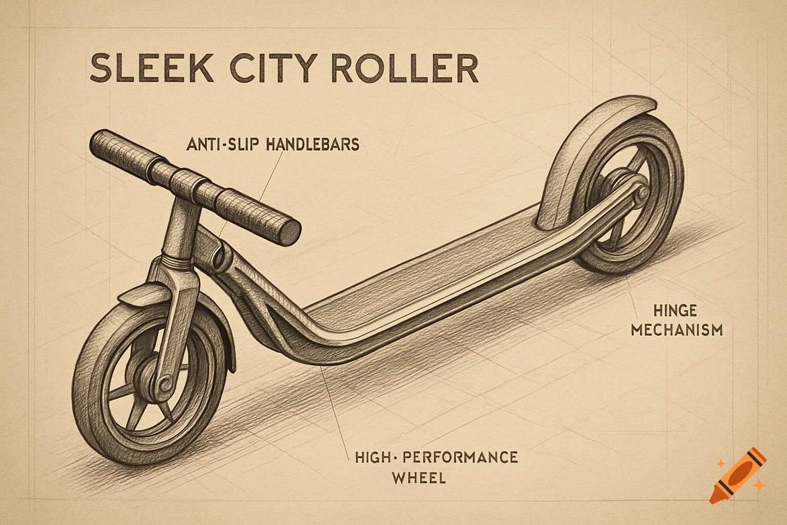 Technical drawing illustration of a sleek city scooter with labels for anti-slip handlebars, hinge mechanism, and high-performance wheel.