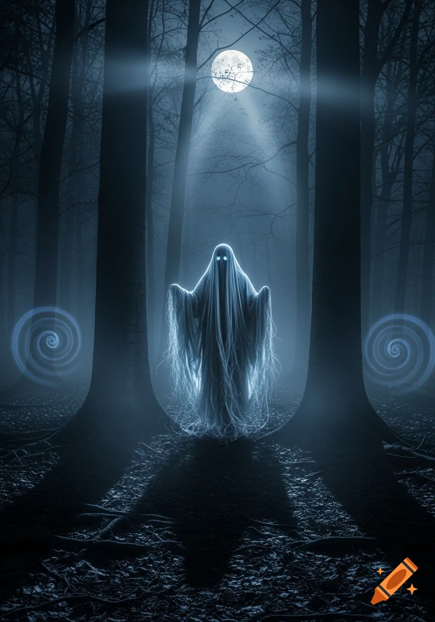 A glowing ghost figure with bright eyes stands in a dark, misty forest under a full moon, with ethereal blue spirals on either side.