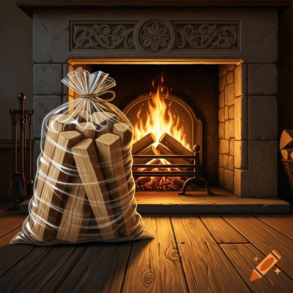 A transparent bag of kindling logs sits on a wooden floor in front of a stone fireplace with a roaring fire.