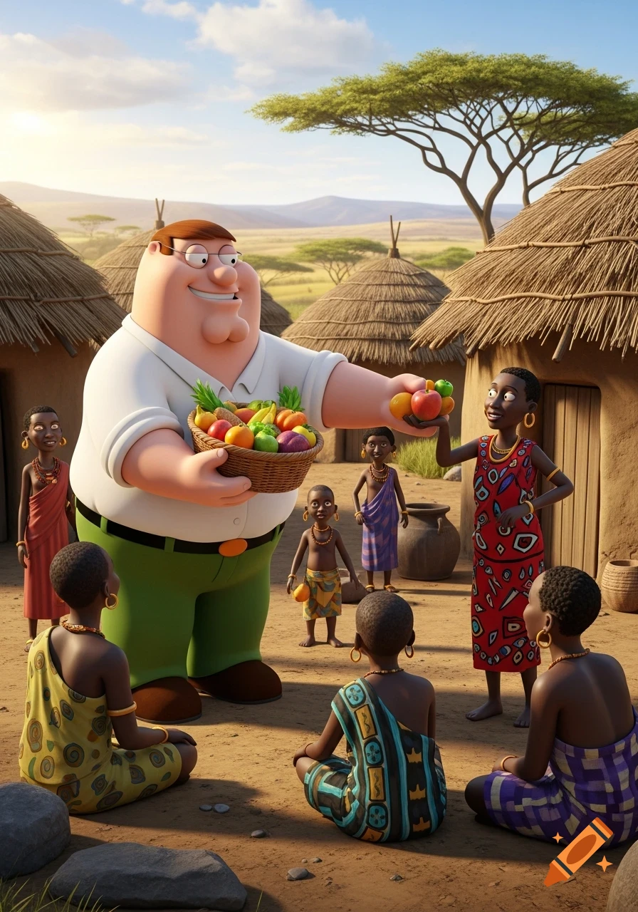 Peter Griffin in a 3D cartoon style hands out a basket of fruit to African villagers in a savanna setting.