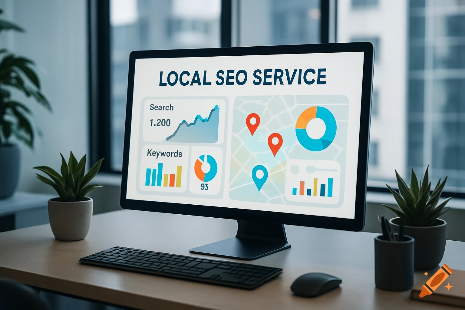 A computer screen displaying 'LOCAL SEO SERVICE' with various charts, graphs, and a map, on an office desk with plants and a keyboard.