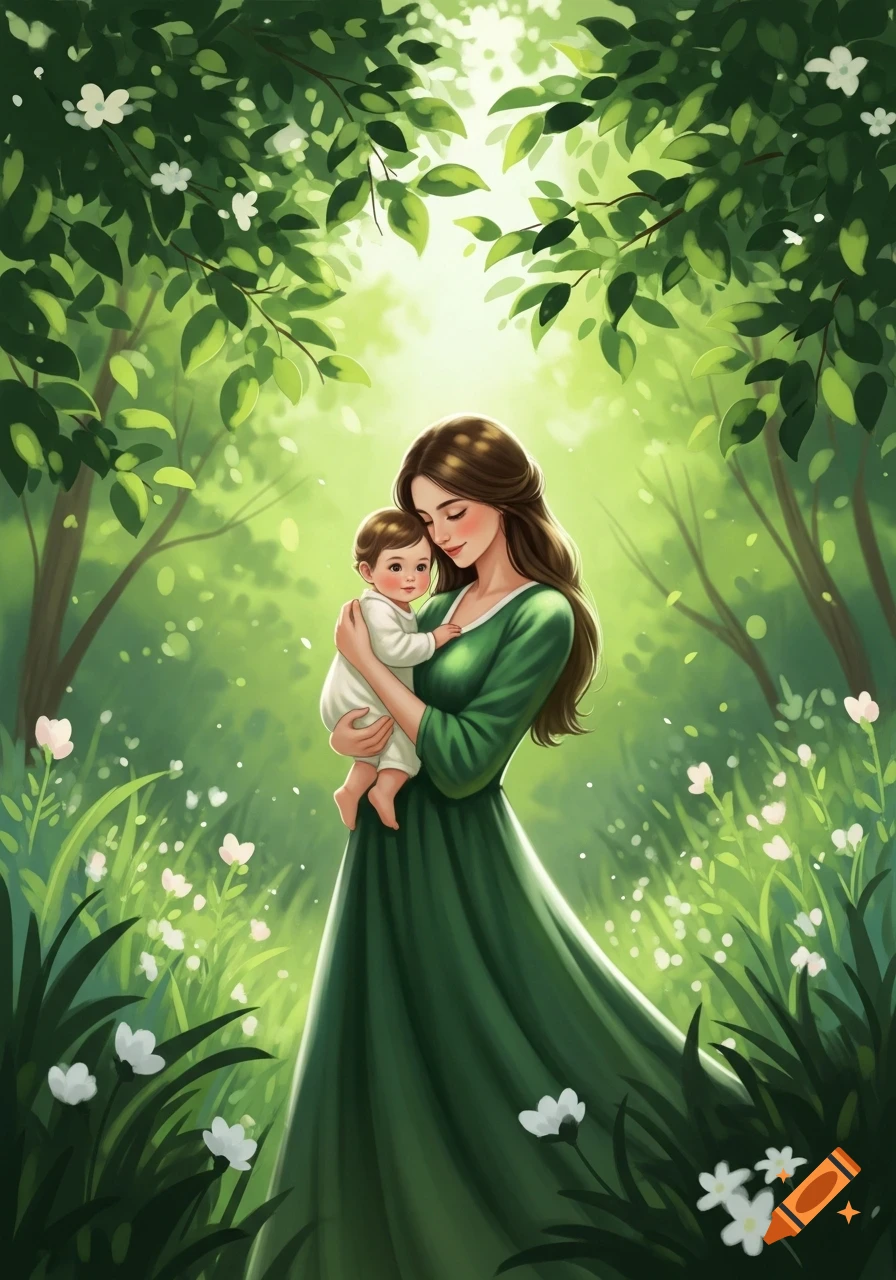 Cartoon illustration of a mother holding her baby in a lush green forest with white flowers and dappled sunlight.