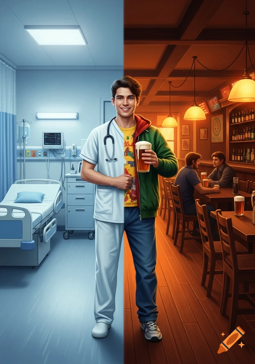 A young man is depicted half as a nurse in a hospital room and half as a casual person holding a beer in a bar.