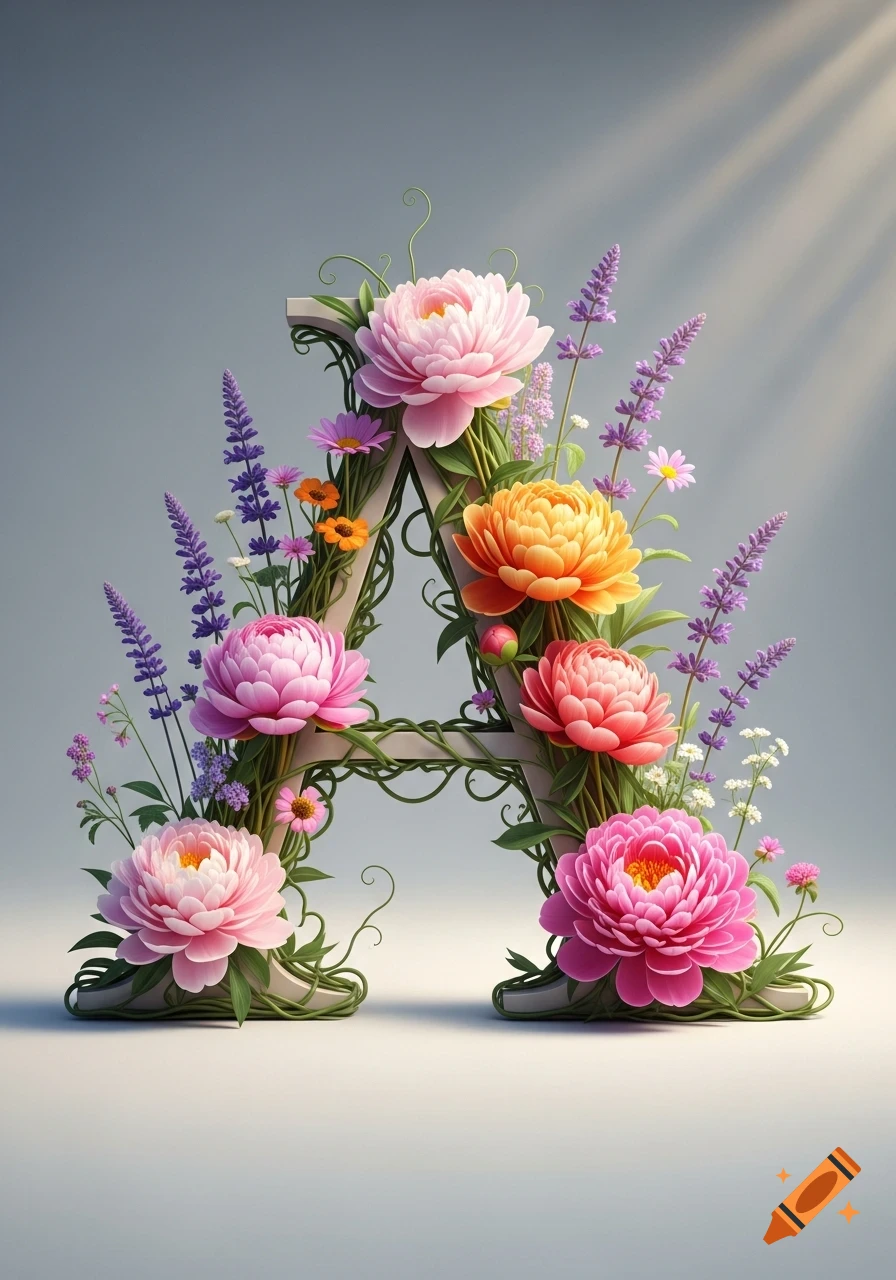A decorative serif letter 'A' entwined with green vines and vibrant pink, orange, and purple flowers on a light gray background.