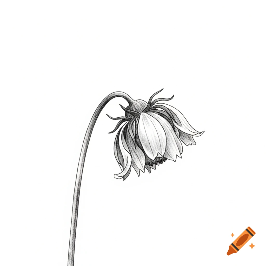 A black and white pencil drawing of a single wilting flower with a bent stem against a plain white background.