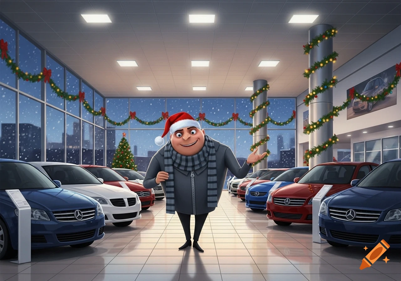 Animated character Gru wearing a Santa hat and scarf stands in a festive car dealership filled with cars.