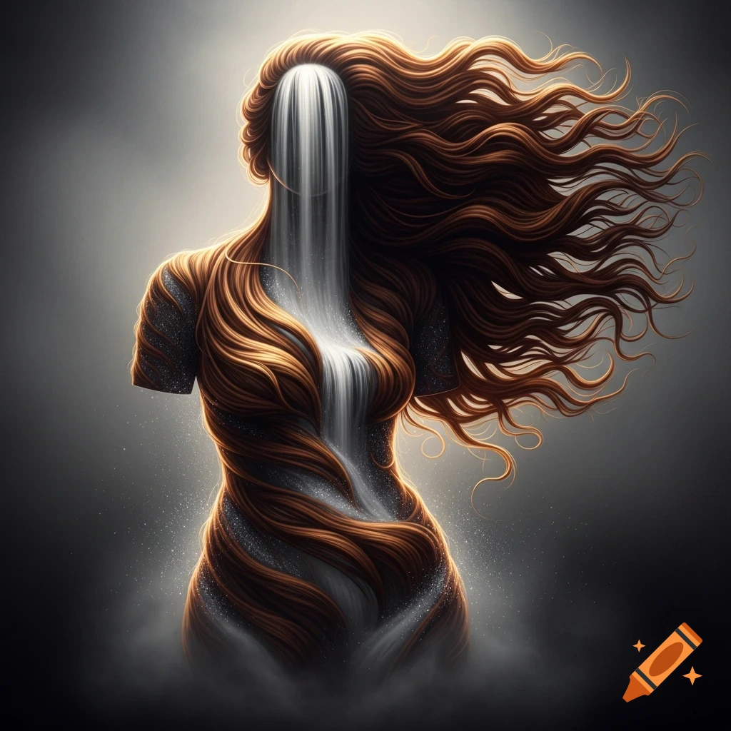Stylized female torso made of swirling brown hair and a waterfall, set against a dark, misty background.