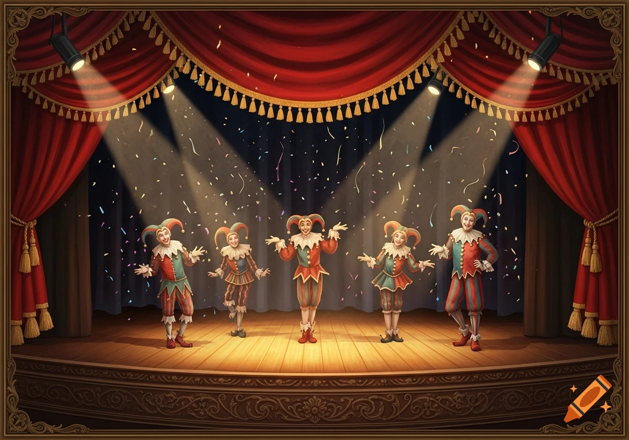 Five smiling jesters in colorful costumes perform on a spotlighted stage with red curtains and falling confetti.