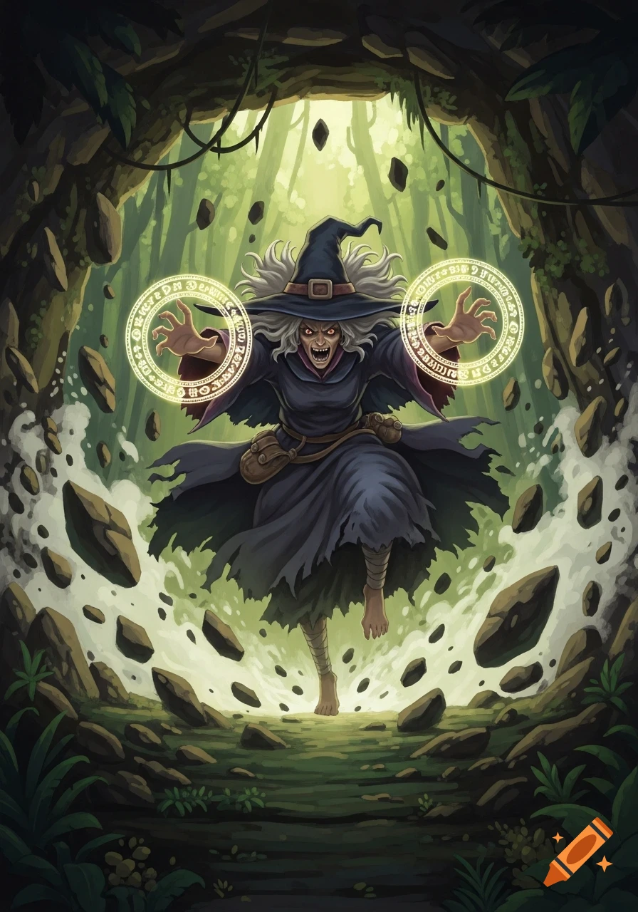 A menacing witch with white hair and dark robes emerges from a jungle cave, casting spells with glowing symbols in a Ghibli-inspired style.