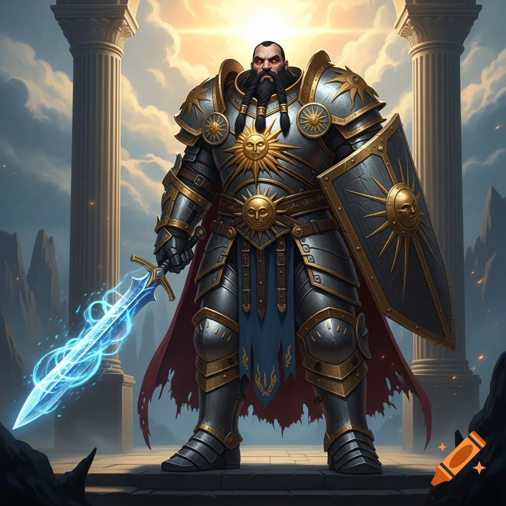 A towering bald bearded warrior in ornate silver and gold armor with sun symbols, wielding a glowing blue sword and shield, stands between columns under a bright sky.