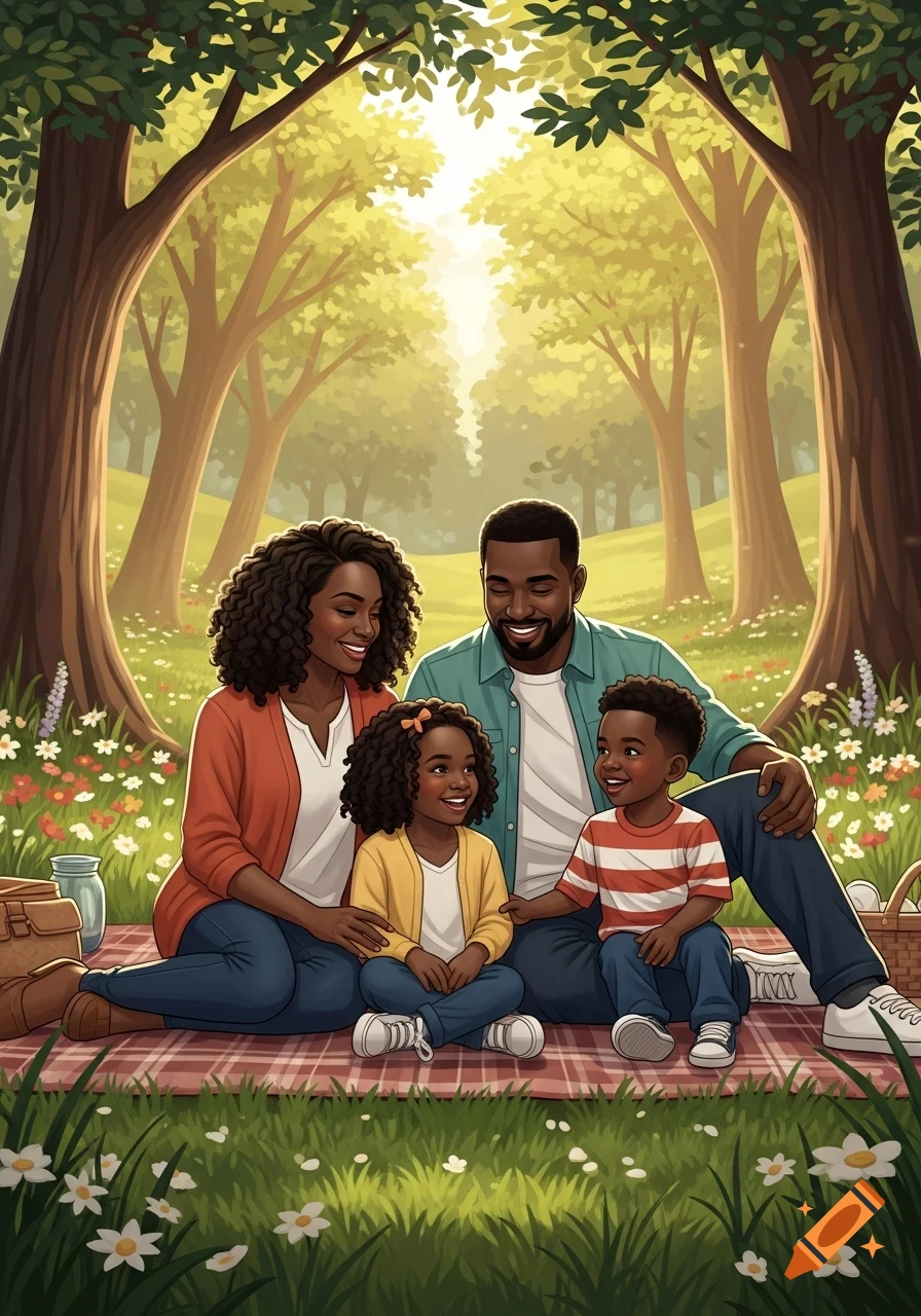 An illustrated Black family, a mother, father, daughter, and son, enjoying a sunny picnic in a lush green park.