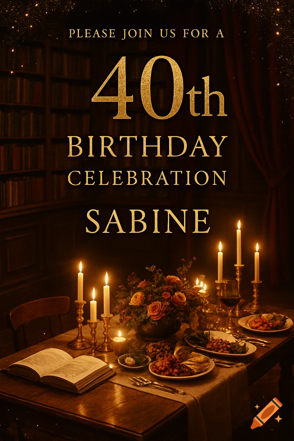 Elegant 40th birthday invitation with golden text, a candlelit dining table with food and a book in a library, with glitter.
