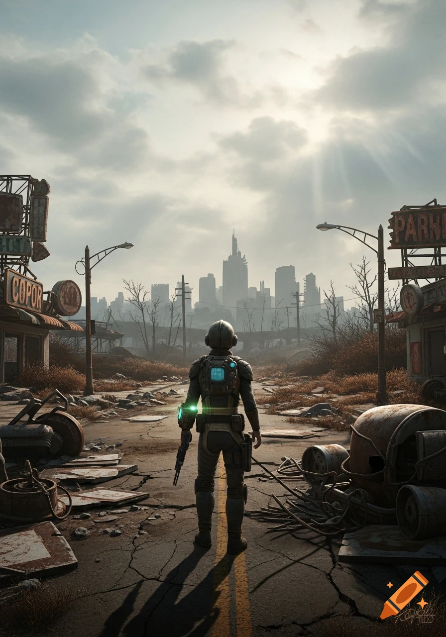 A person in a futuristic suit stands on a cracked road, looking towards a ruined city skyline under a cloudy sky, in a post-apocalyptic setting.