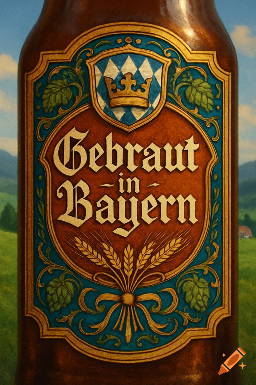 An ornate beer bottle label with 'Gebraut in Bayern' text, a crown, a blue and white checkered shield, hops, and wheat against a green landscape.