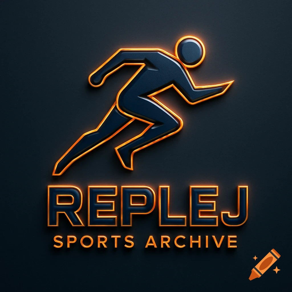 A 3D-style logo features a dark blue runner outlined in bright orange, above the words "REPLEJ SPORTS ARCHIVE" in matching colors.