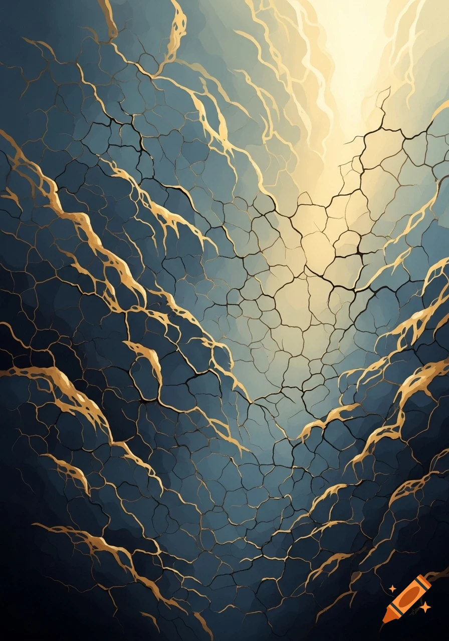 An abstract pattern of dark blue fading to light gold, with intricate golden cracks spreading across the surface.