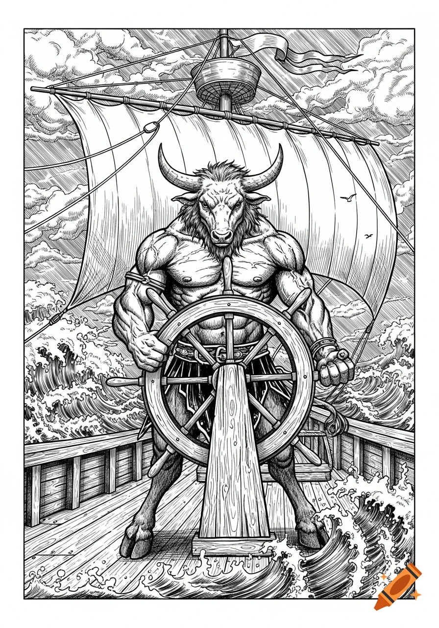Ink drawing of a powerful Minotaur steering a sailing ship through rough seas under a cloudy sky.