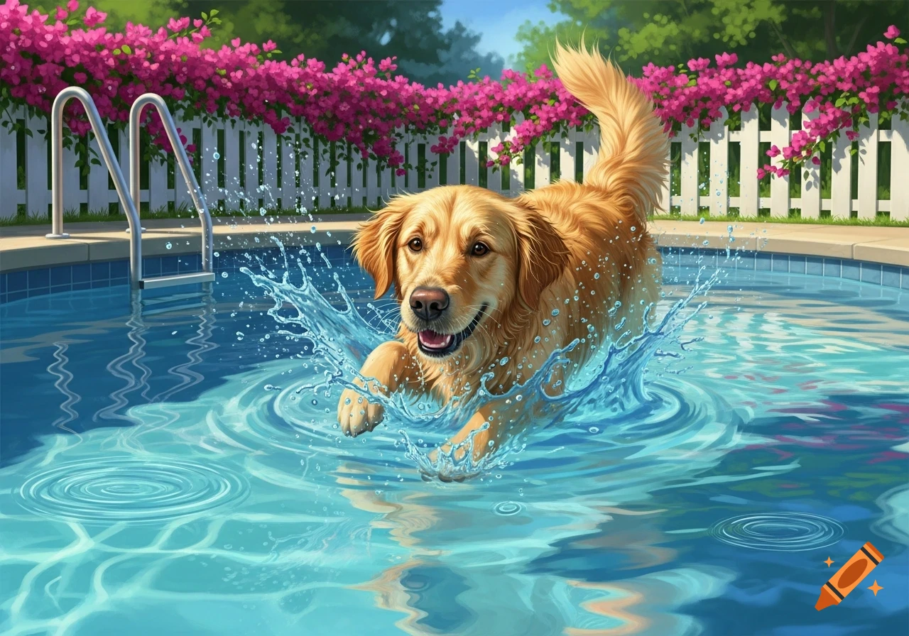 A happy golden retriever splashes through the blue water of a swimming pool, with a white fence and vibrant pink flowers in the background.