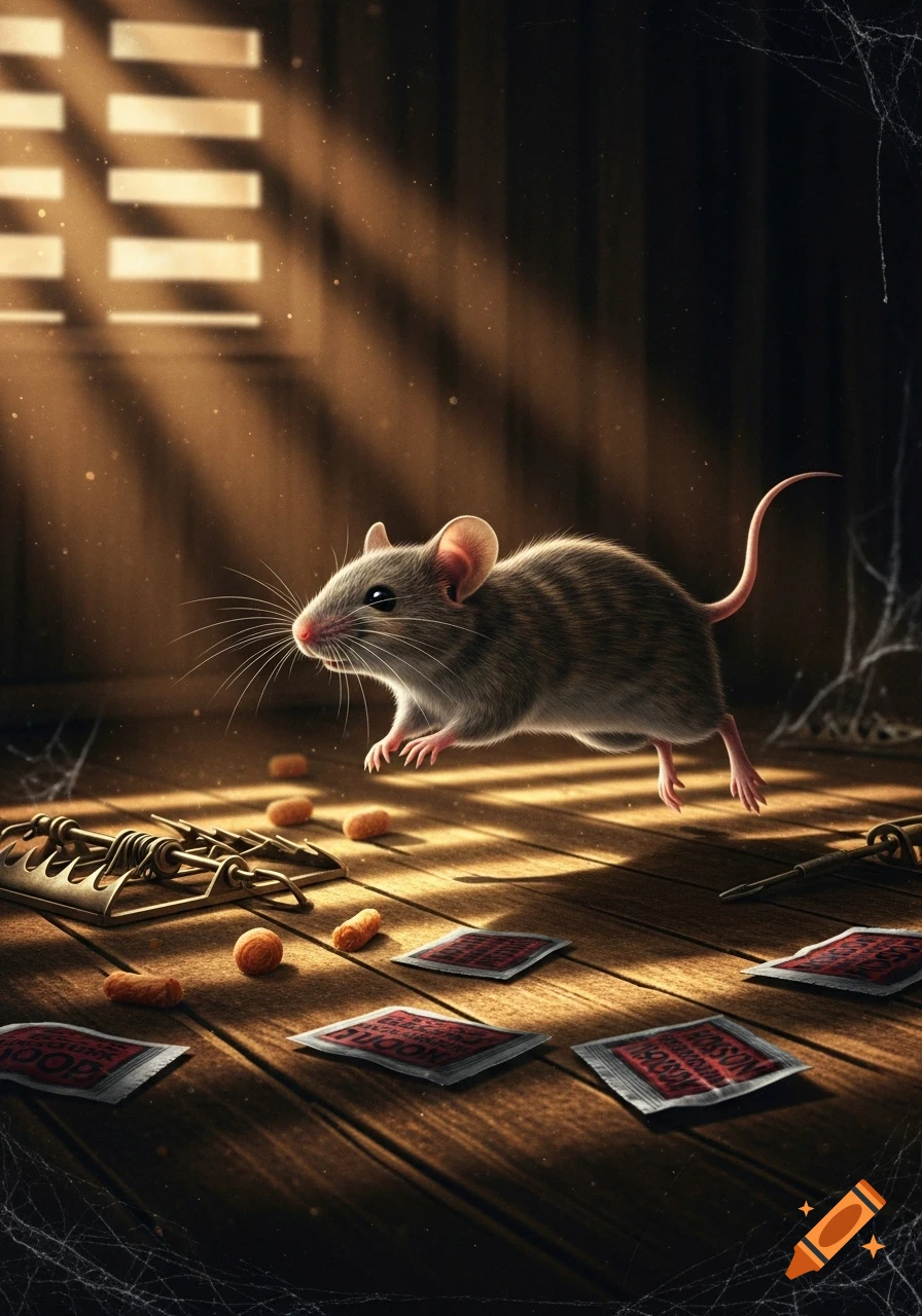 Photorealistic mouse leaping over a mousetrap and poison packets on a dusty wooden floor, lit by sunlight.