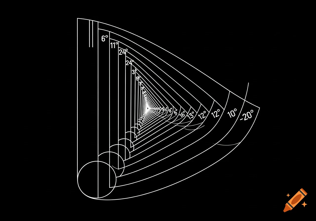 White geometric lines form a spiraling tunnel effect on a black background, featuring numbered angles and curved shapes like a technical drawing.