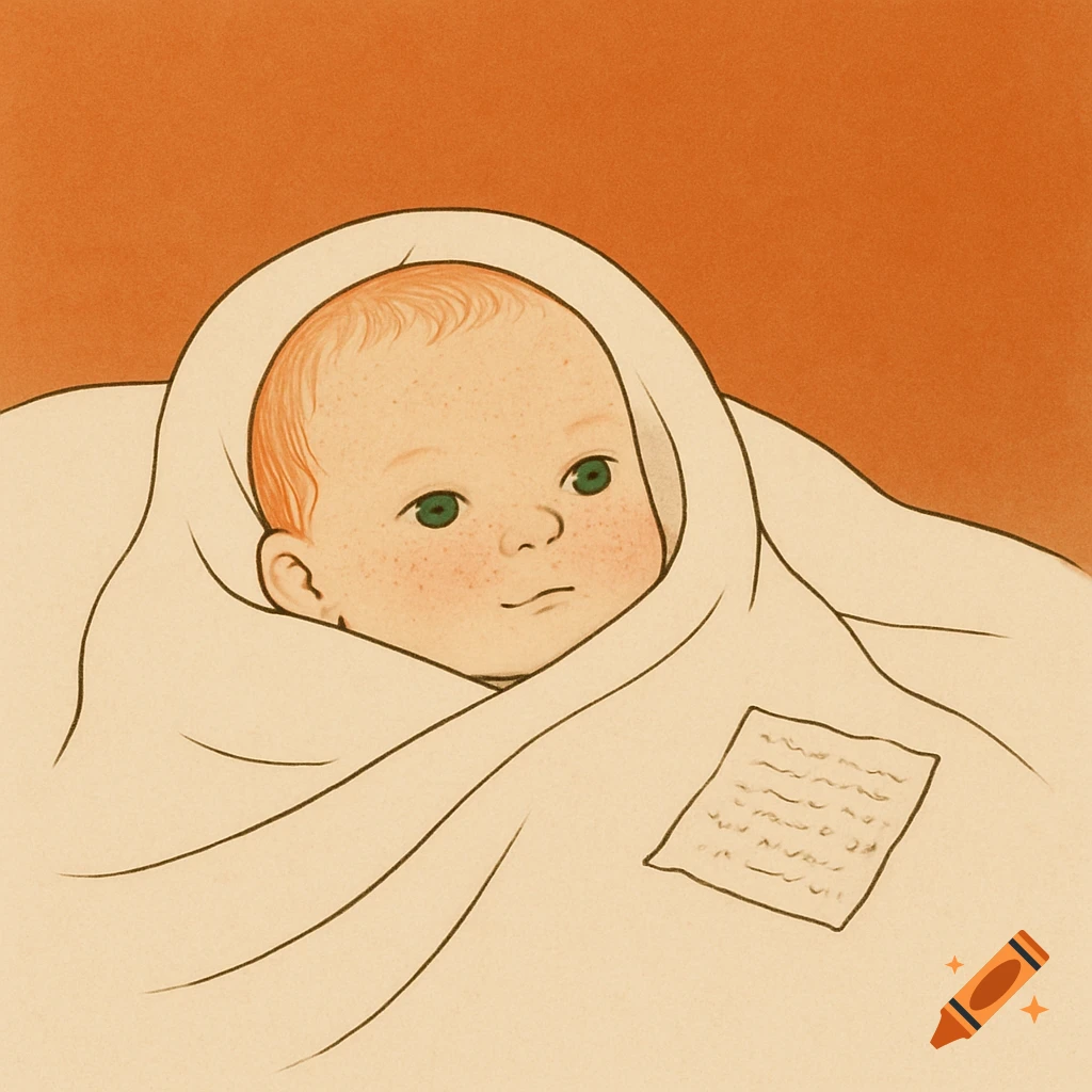 Illustration of a baby with reddish hair, green eyes, and freckles, wrapped in a cream blanket on an orange background. A scribbled note is on the blanket.
