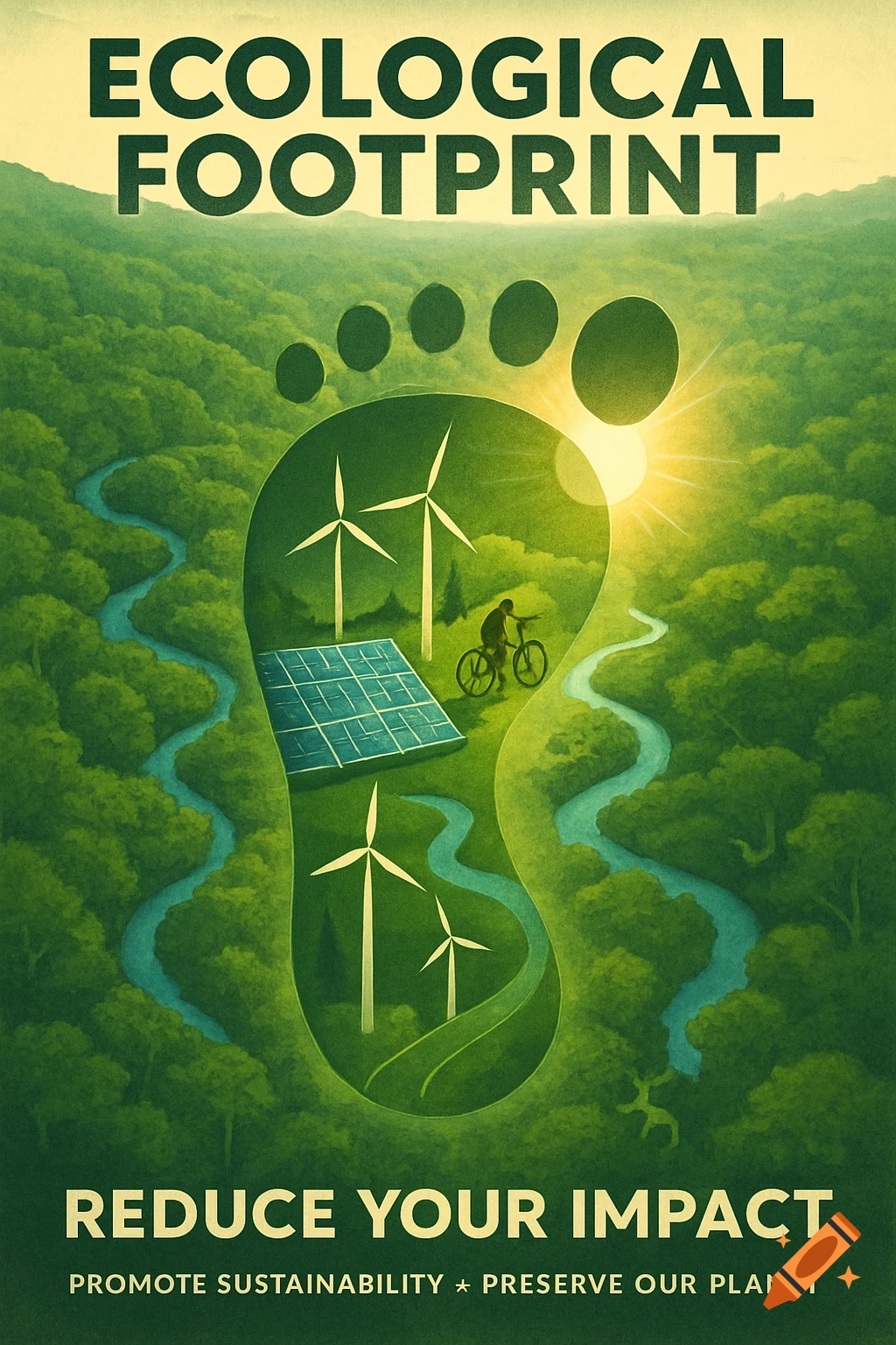 A stylized ecological poster with 'ECOLOGICAL FOOTPRINT' atop a large green footprint containing wind turbines, a solar panel, and a cyclist. 'REDUCE YOUR IMPACT' below.