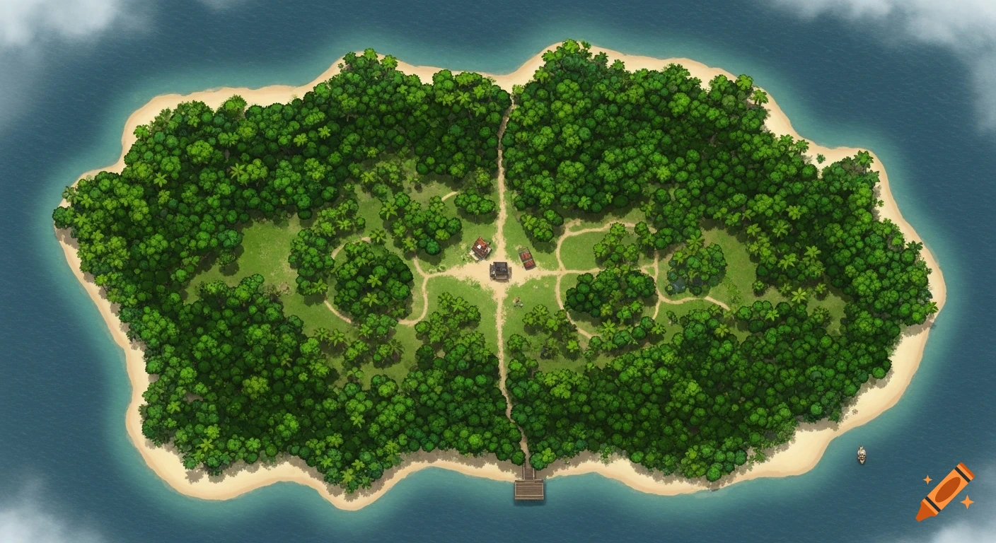 Overhead map of a lush, forested pirate island with a sandy beach, small buildings, a dock, and a ship in the surrounding blue water.