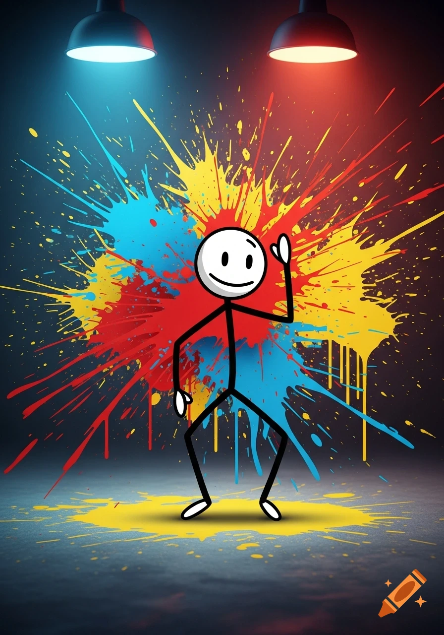 A stick figure stands amidst colorful red, yellow, and blue paint splatters on a dark background, illuminated by overhead red and blue lights.