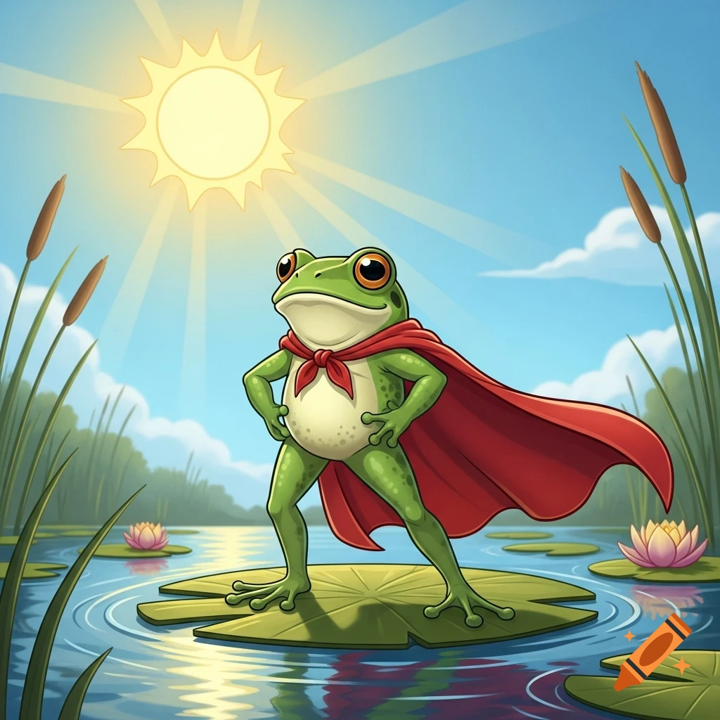 A cute cartoon frog hero in a red cape stands on a lily pad in a pond under a bright sun, hands on hips.