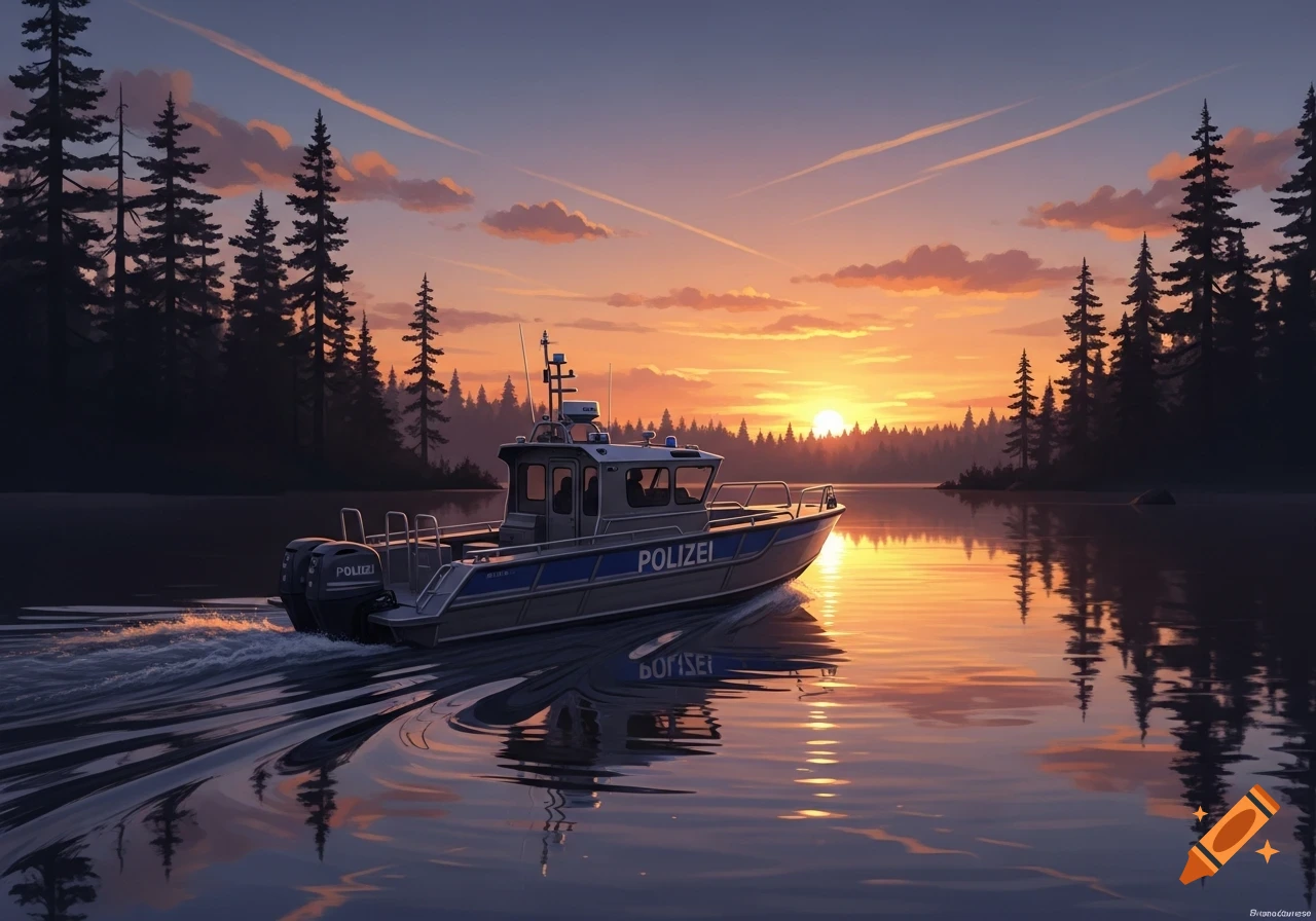 A blue and gray police boat leaves a wake on a calm lake at sunset, surrounded by silhouetted pine trees. Digital art.