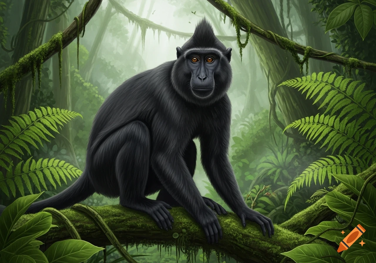 A black macaque monkey with orange eyes perches on a mossy branch in a lush, misty jungle.