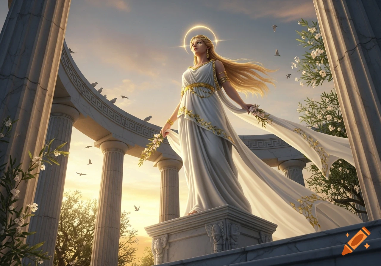 A majestic Greek goddess in a flowing white and gold gown stands on a pedestal among classical columns and white flowers.