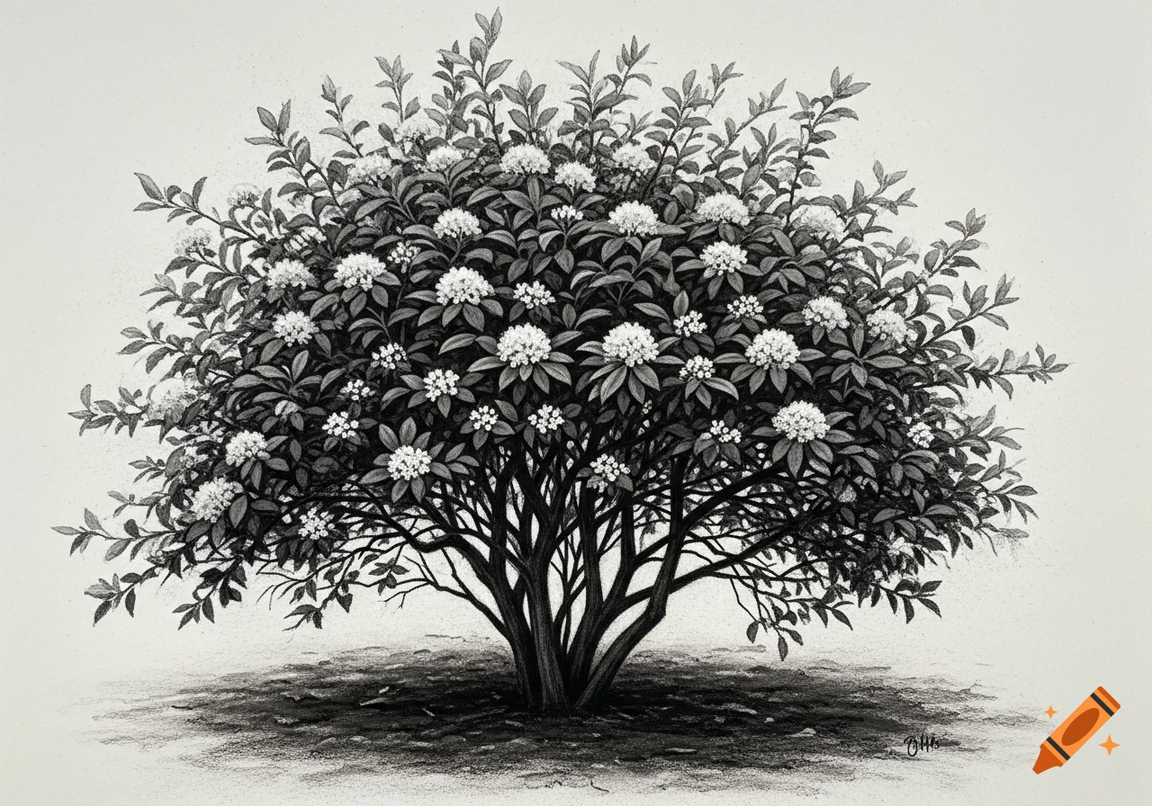 Charcoal drawing of a full, flowering shrub with dark leaves and clusters of white blossoms against a light background.