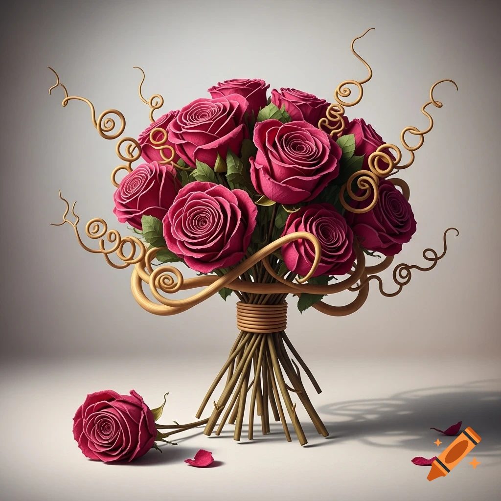 A bouquet of vibrant red roses intertwined with decorative golden curly branches, with a fallen rose and petals on a white surface.