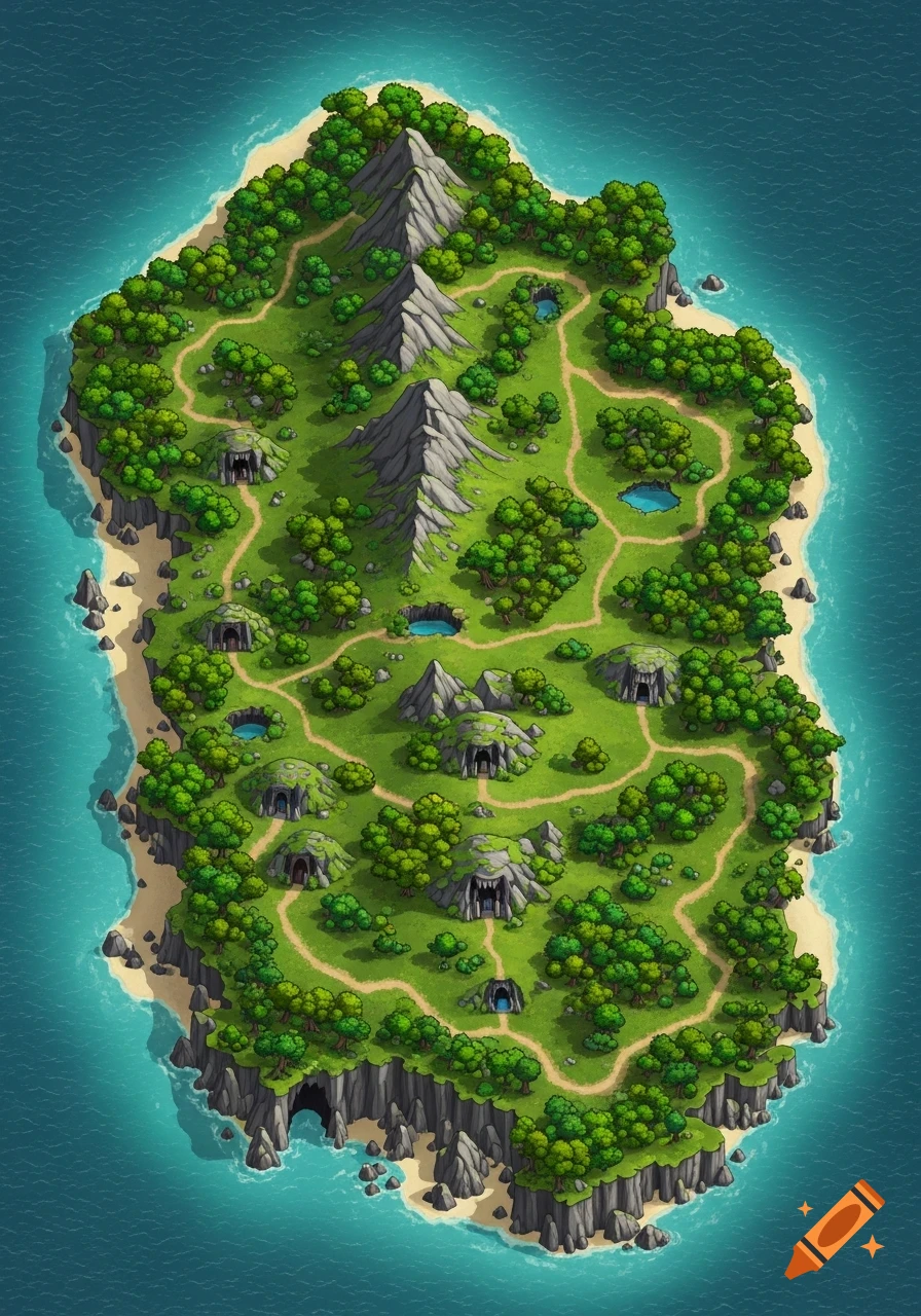 Top-down isometric fantasy map of a lush green island with jagged mountains, dense forests, winding paths, and numerous cave entrances. Surrounded by blue ocean.