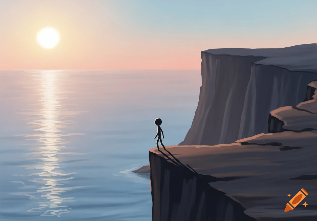 A simple stick figure stands at the edge of a cliff, gazing at a serene ...