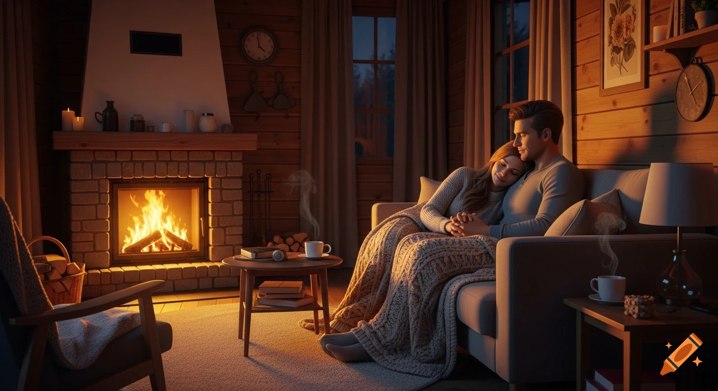 Photorealistic image of a couple cuddling on a sofa by a glowing fireplace in a cozy wooden cabin with warm lighting.