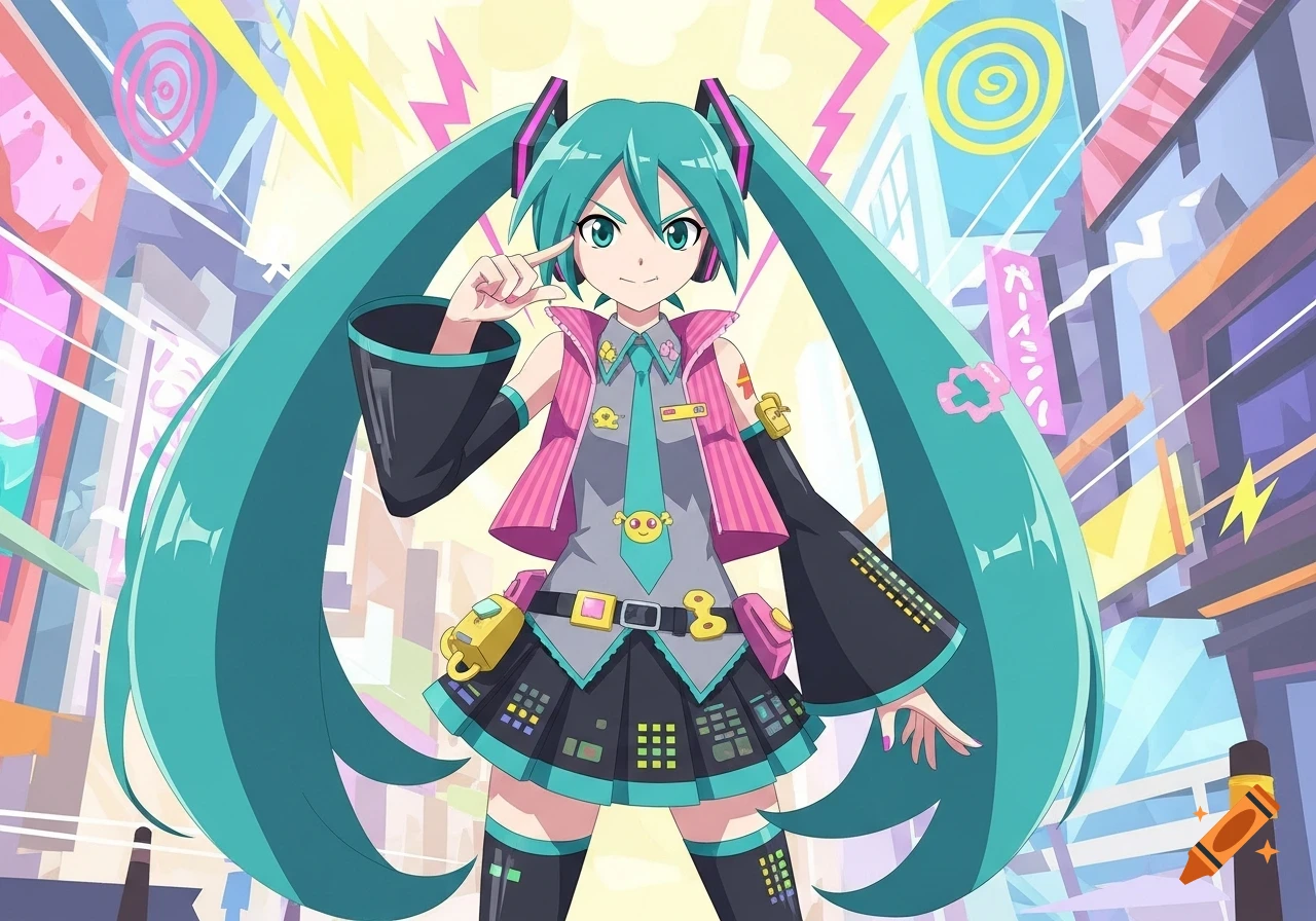 An anime illustration of Hatsune Miku in a stylized urban setting, wearing a pink jacket and black skirt, striking a pose.