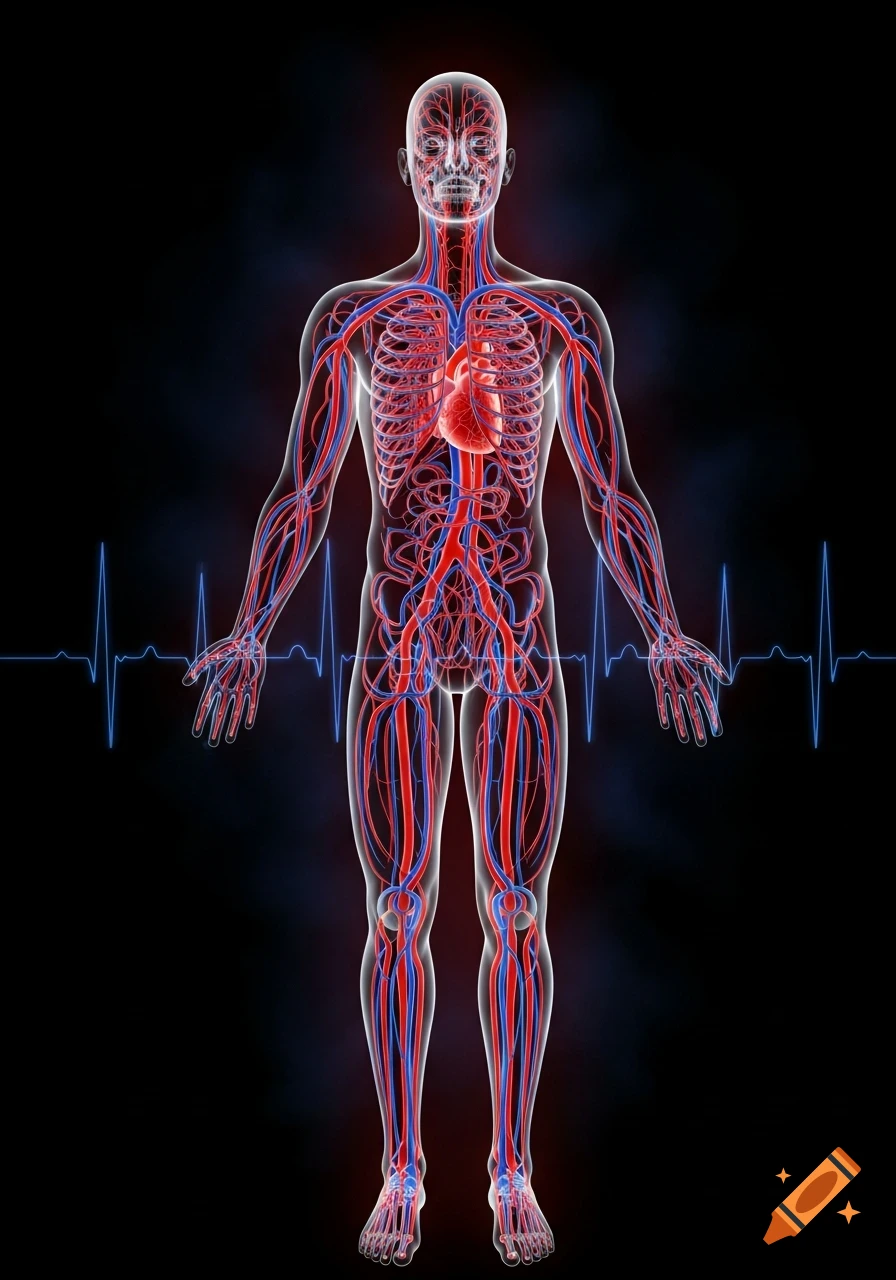 3D rendering of the human circulatory system with red arteries, blue veins, and a heart, against a dark background with a blue pulse wave line.
