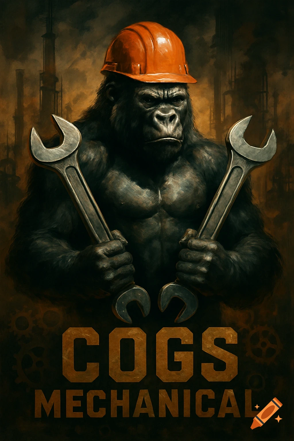 A muscular gorilla in an orange hard hat holds two wrenches against an industrial backdrop, with 'COGS MECHANICAL' text below.